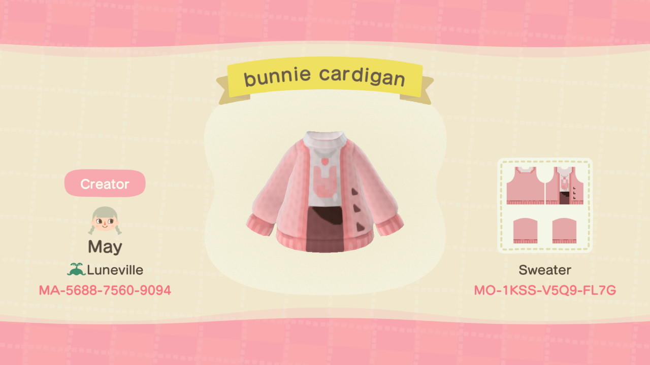 Animal Crossing Design Code: MO-1KSS-V5Q9-FL7G bunnie cardigan