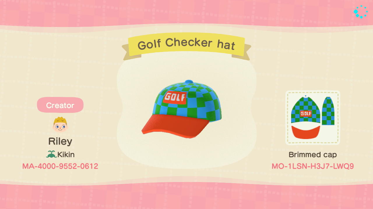 Animal Crossing Design Code: MO-1LSN-H3J7-LWQ9 Golf Hat