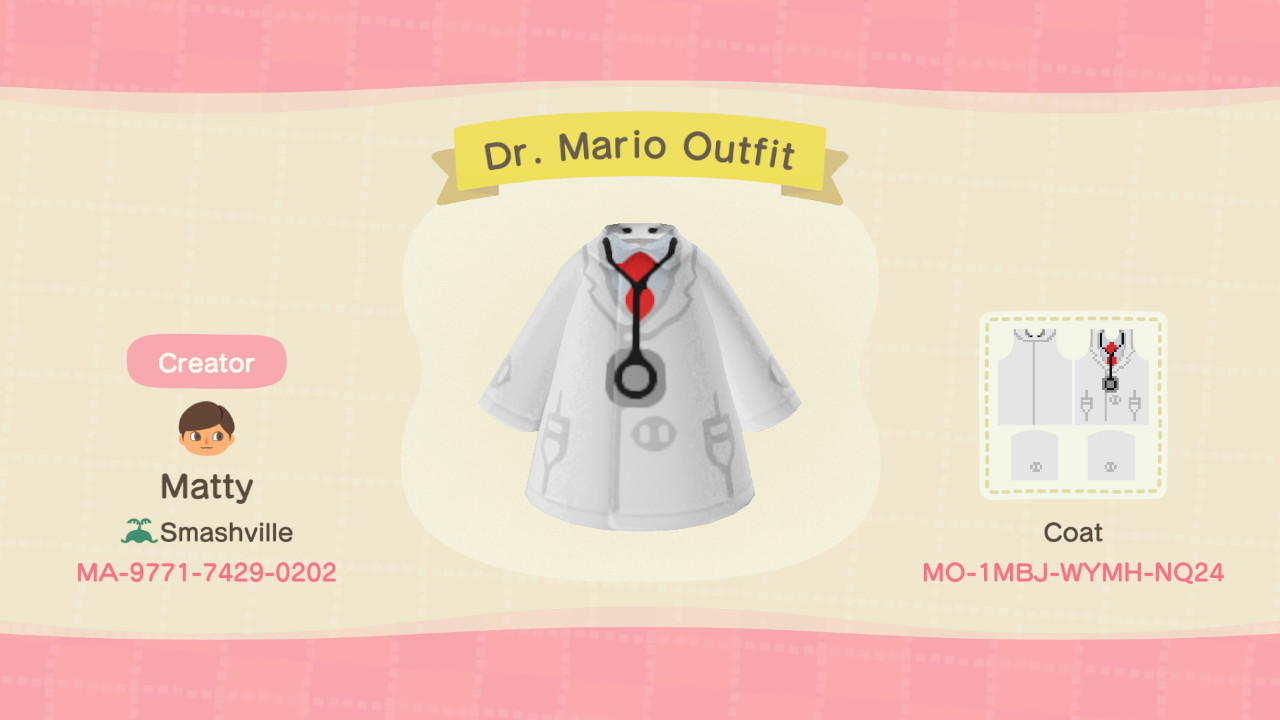 Animal Crossing Design Code: MO-1MBJ-WYMH-NQ24 Dr. Mario Coat