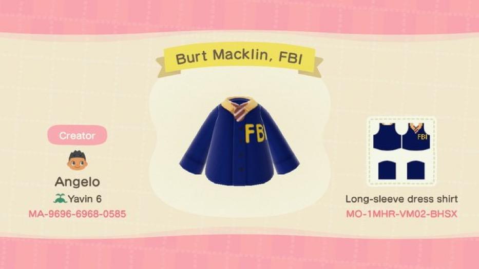 Animal Crossing Design Code: MO-1MHR-VM02-BHSX Burt Macklin, FBI