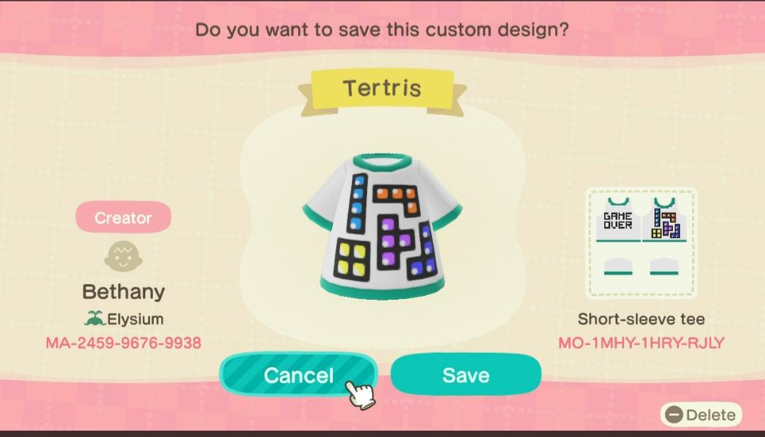 Animal Crossing Design Code: MO-1MHY-1HRY-RJLY Tetris shirt