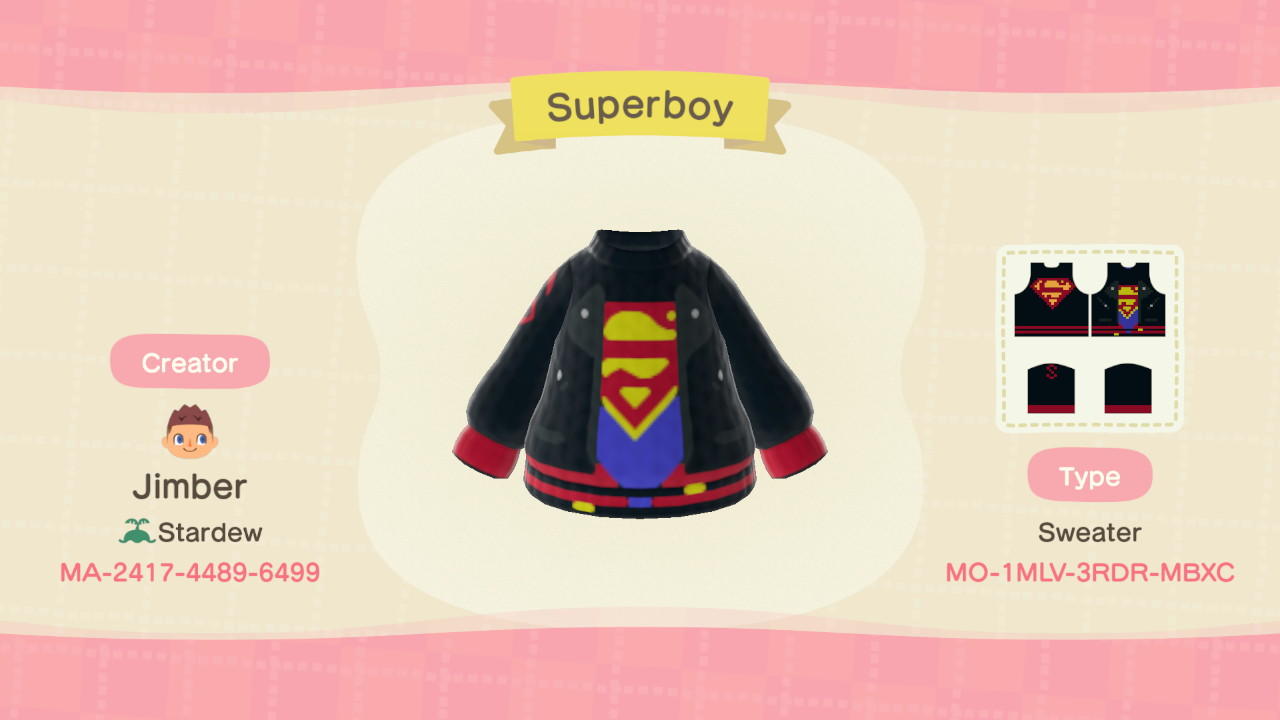 Animal Crossing Design Code: MO-1MLV-3RDR-MBXC Superboy Sweater