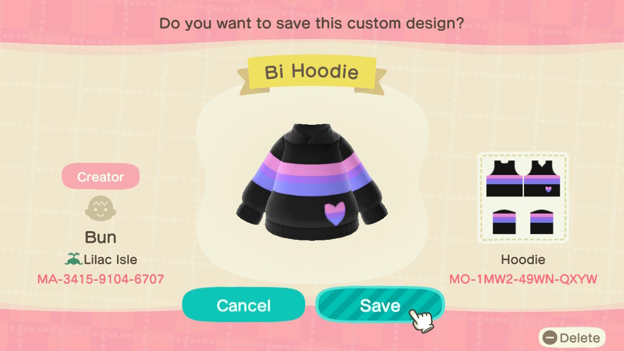 Animal Crossing Design Code: MO-1MW2-49WN-QXYW Bi Hoodie