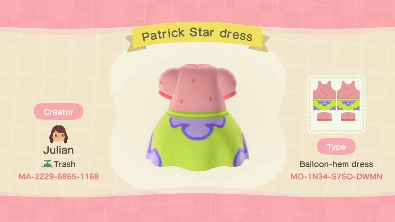 Animal Crossing Design Code: MO-1N34-S7SD-DWMN Patrick Star dress