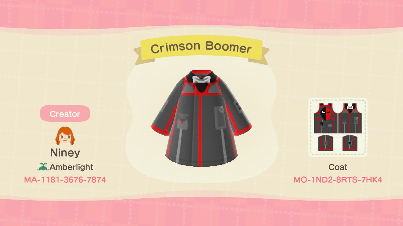 Animal Crossing Design Code: MO-1ND2-8RTS-7HK4 Crimson Boomer Coat