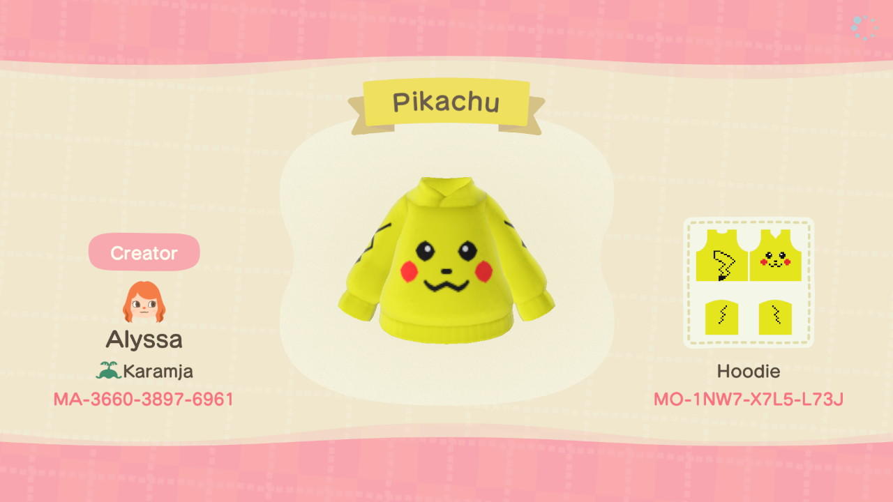 Animal Crossing Design Code: MO-1NW7-X7L5-L73J Pikachu Hoodie