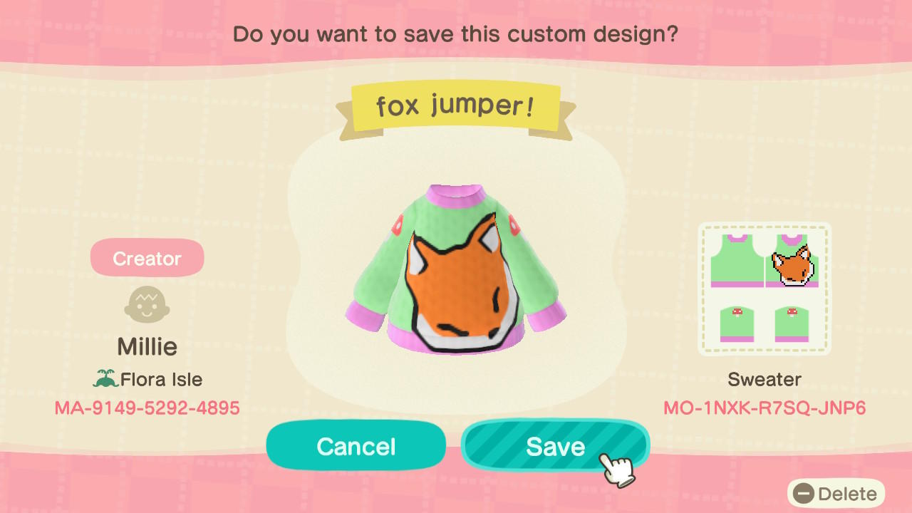 Animal Crossing Design Code: MO-1NXK-R7SQ-JNP6 fox jumper!