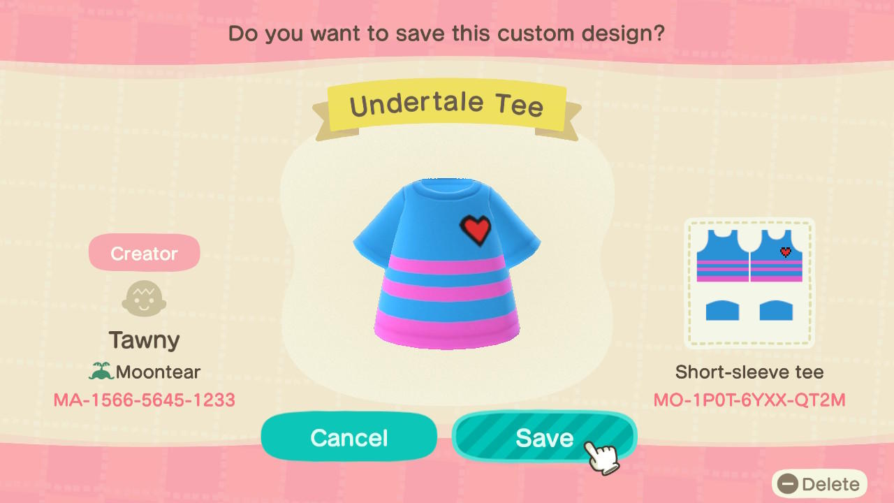Animal Crossing Design Code: MO-1P0T-6YXX-QT2M Undertale Tee