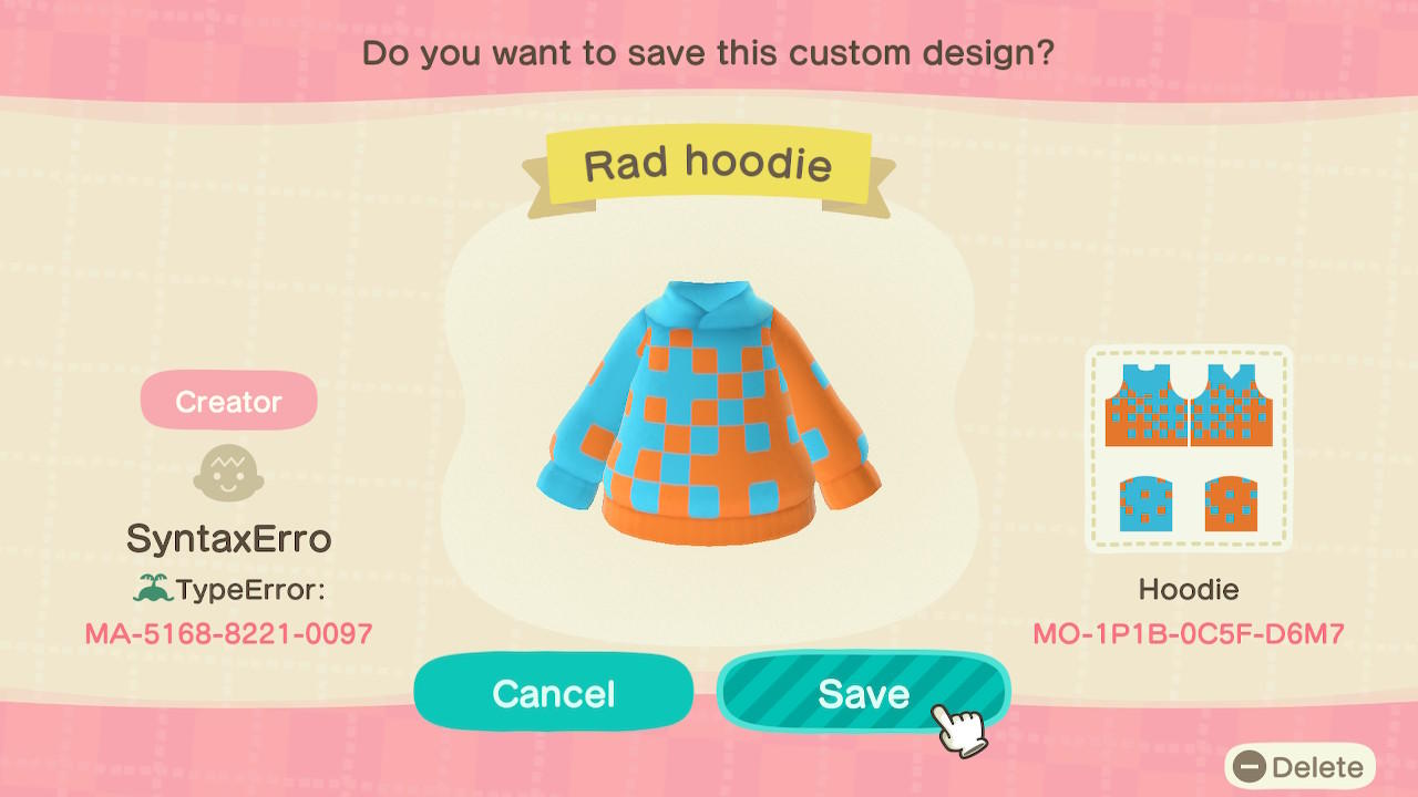 Animal Crossing Design Code: MO-1P1B-0C5F-D6M7 Rad Hoodie