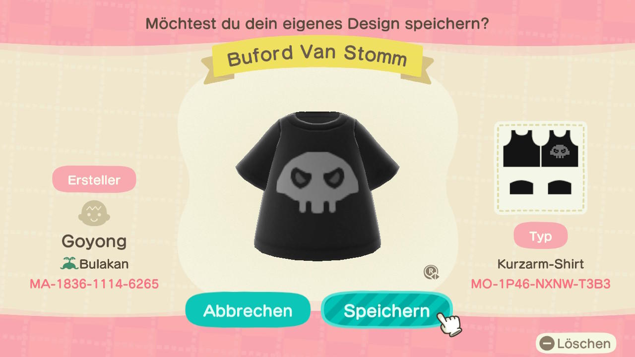 Animal Crossing Design Code: MO-1P46-NXNW-T3B3 Buford Van Stomm