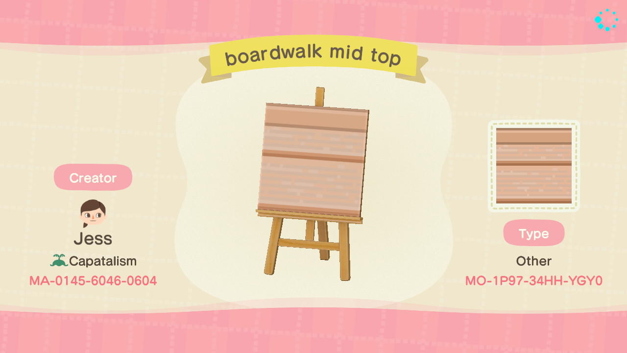 Animal Crossing Design Code: MO-1P97-34HH-YGY0 boardwalk mid top