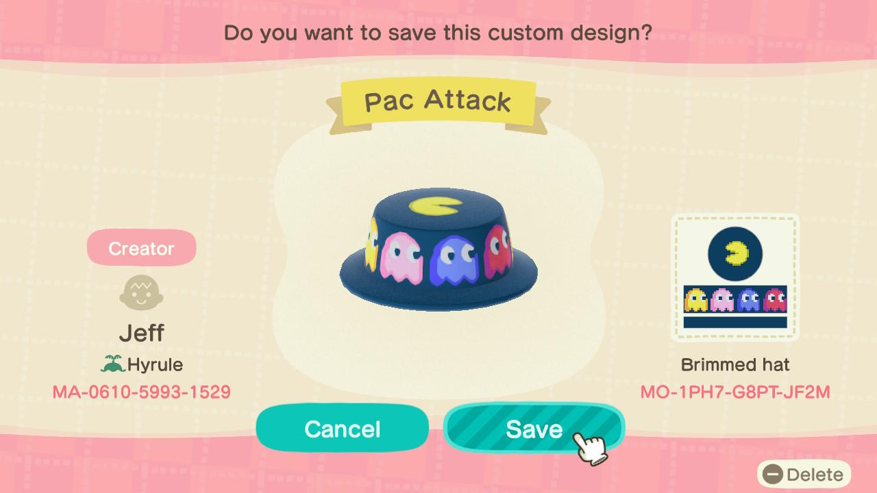 Animal Crossing Design Code: MO-1PH7-G8PT-JF2M Pac Attack