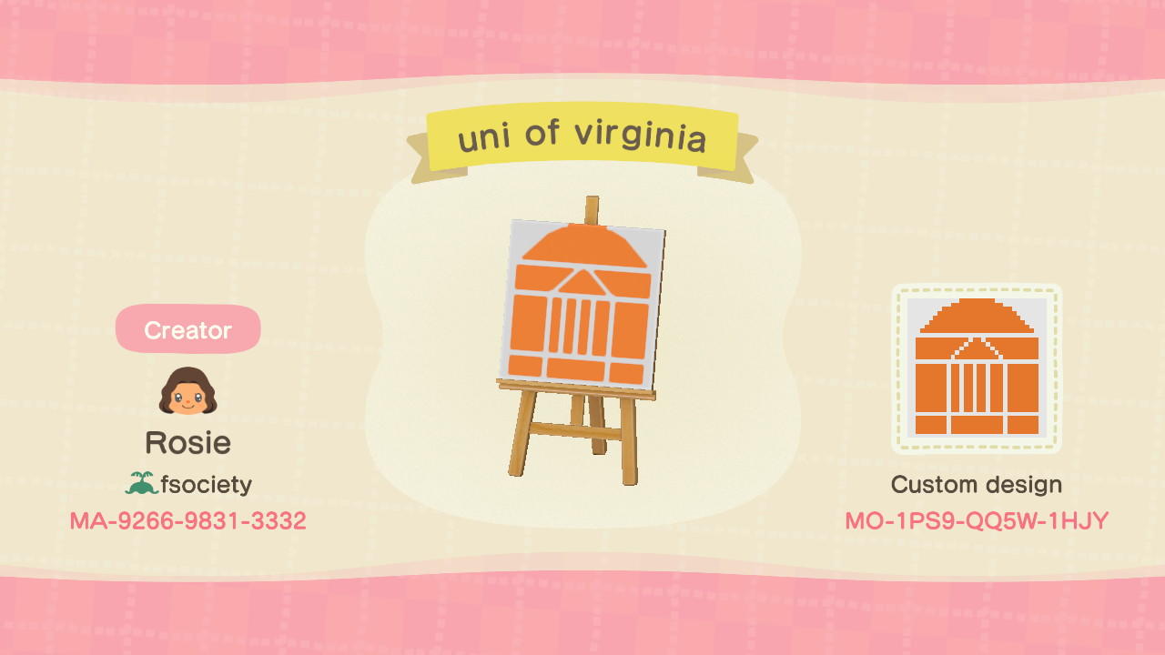 Animal Crossing Design Code: MO-1PS9-QQ5W-1HJY Uni of Virginia