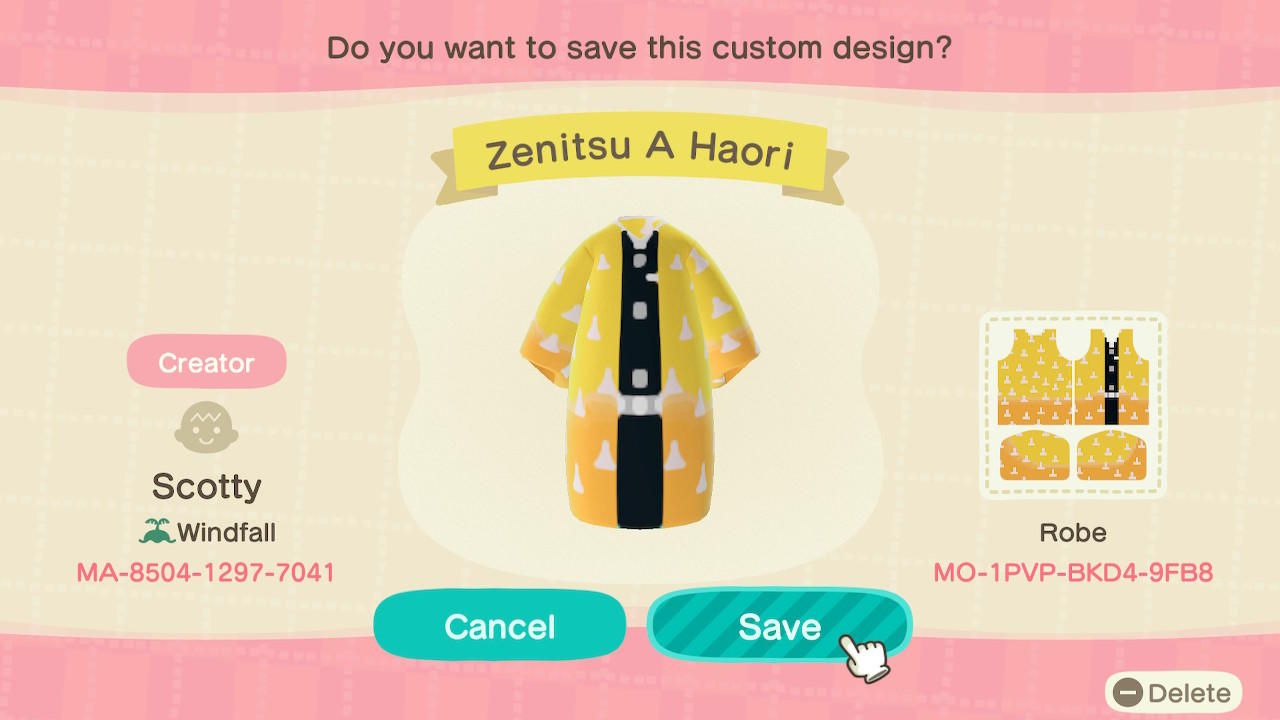 Animal Crossing Design Code: MO-1PVP-BKD4-9FB8 Zenitsu A Haori