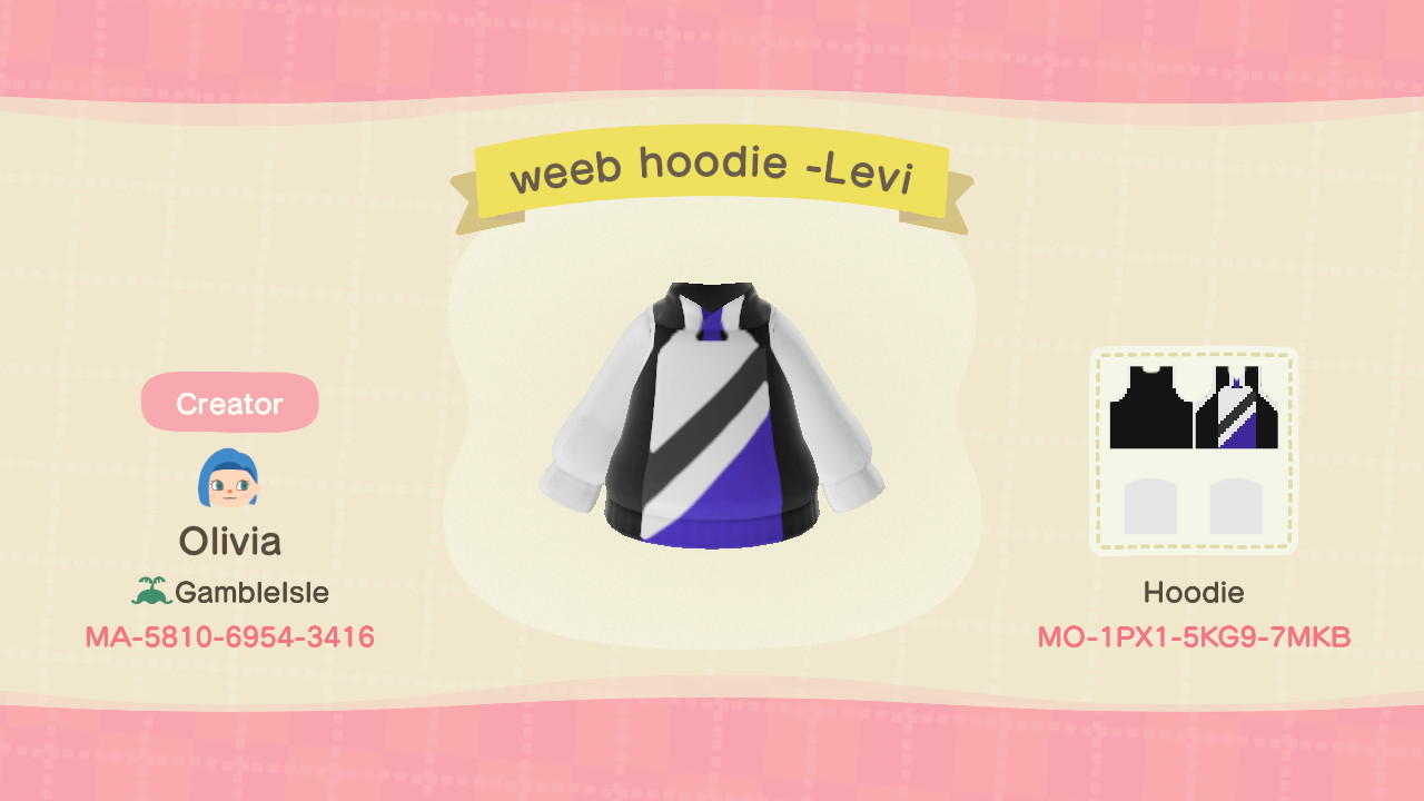Animal Crossing Design Code: MO-1PX1-5KG9-7MKB Weeb hoodie -Levi
