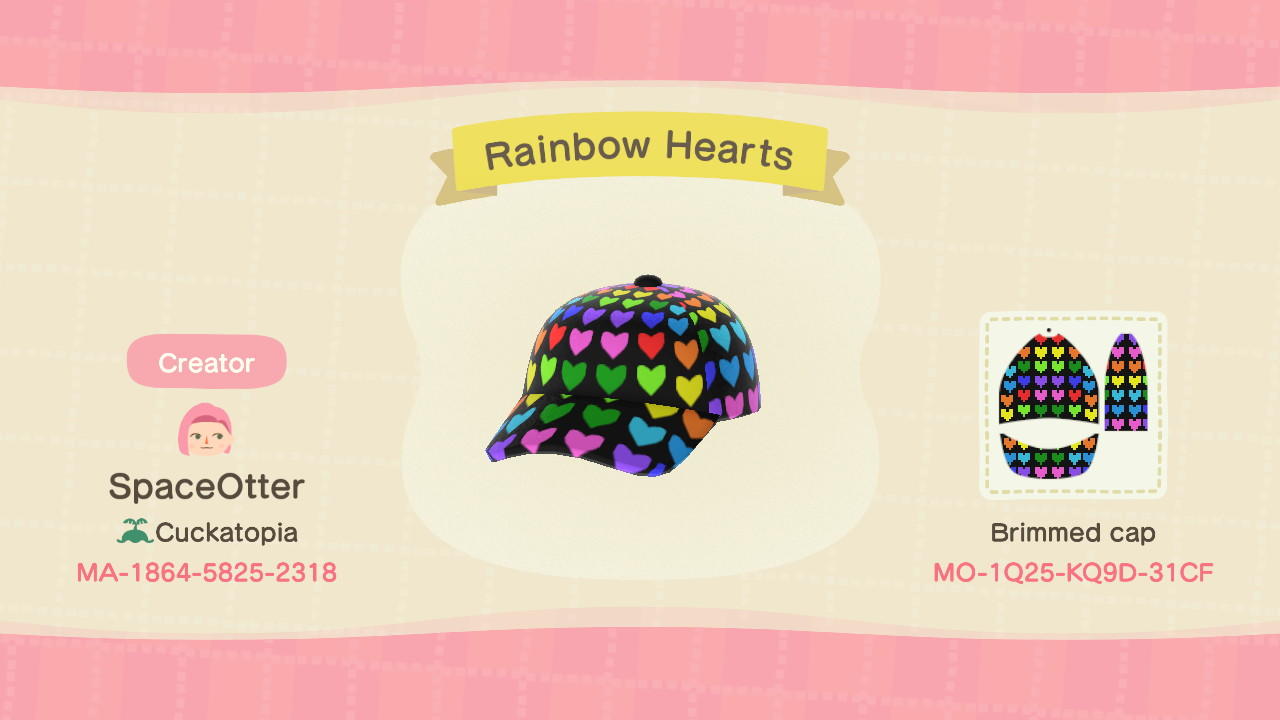 Animal Crossing Design Code: MO-1Q25-KQ9D-31CF Rainbow Hearts Hat