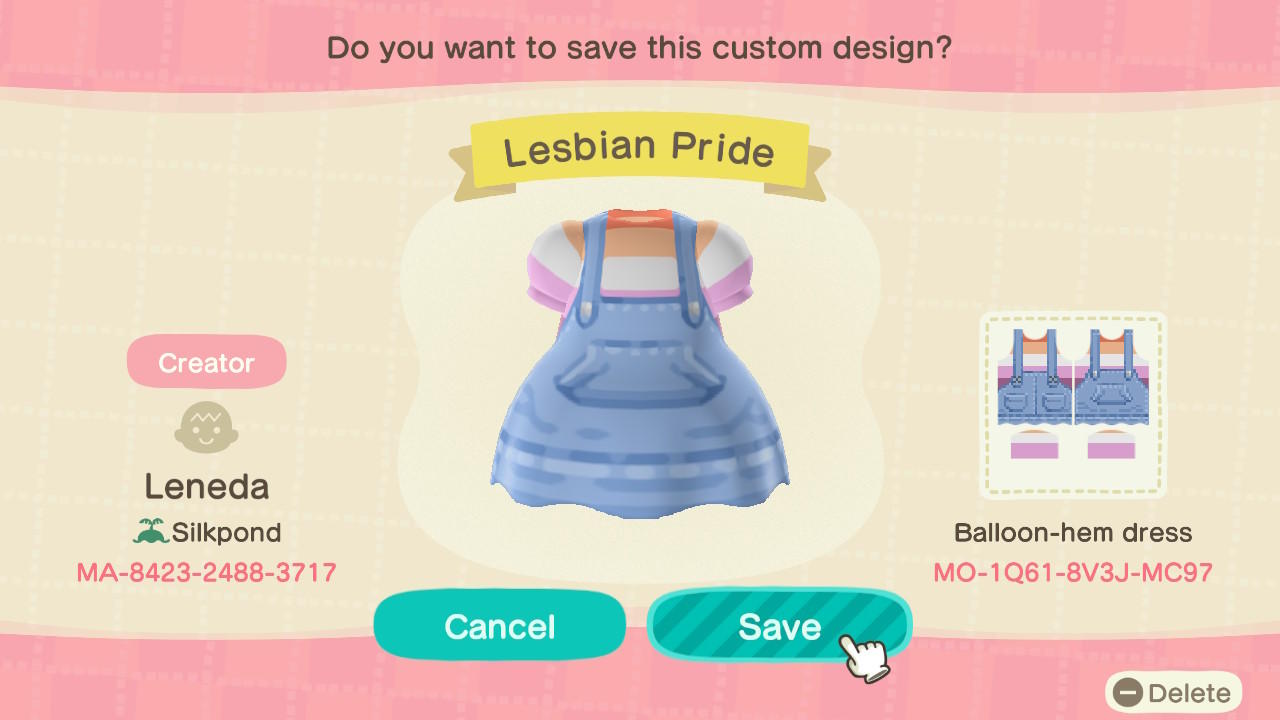 Animal Crossing Design Code: MO-1Q61-8V3J-MC97 Lesbian Pride