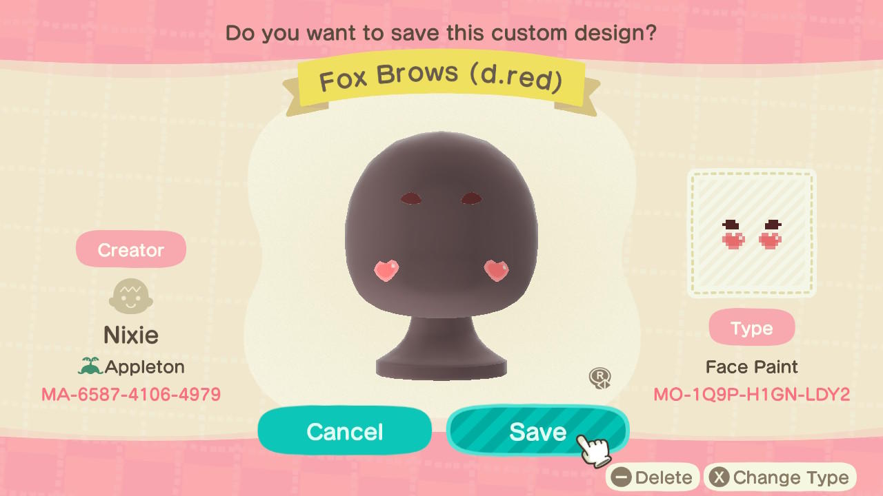 Animal Crossing Design Code: MO-1Q9P-H1GN-LDY2 Fox Brows (d.red)