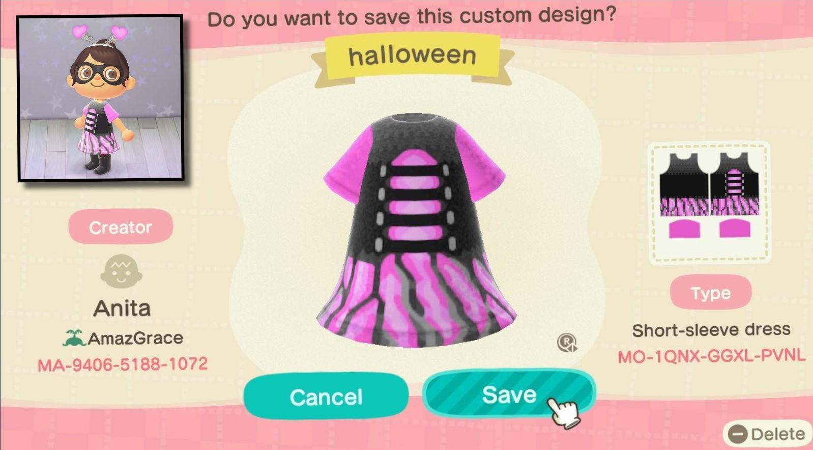 Animal Crossing Design Code: MO-1QNX-GGXL-PVNL Halloween dress