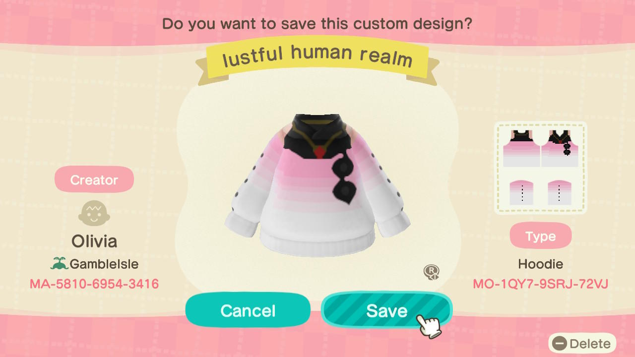 Animal Crossing Design Code: MO-1QY7-9SRJ-72VJ Lustful human realm