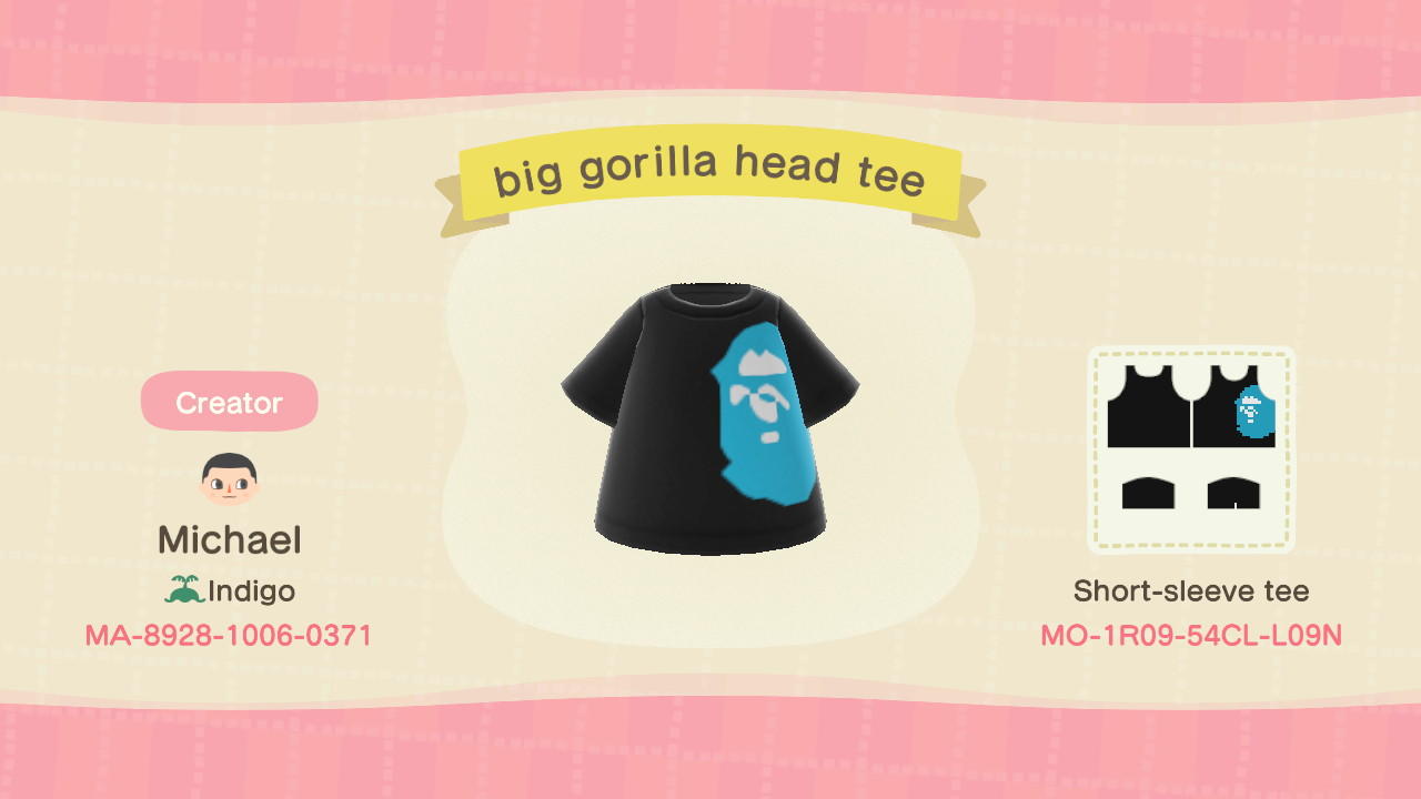 Animal Crossing Design Code: MO-1R09-54CL-L09N big gorilla head tee
