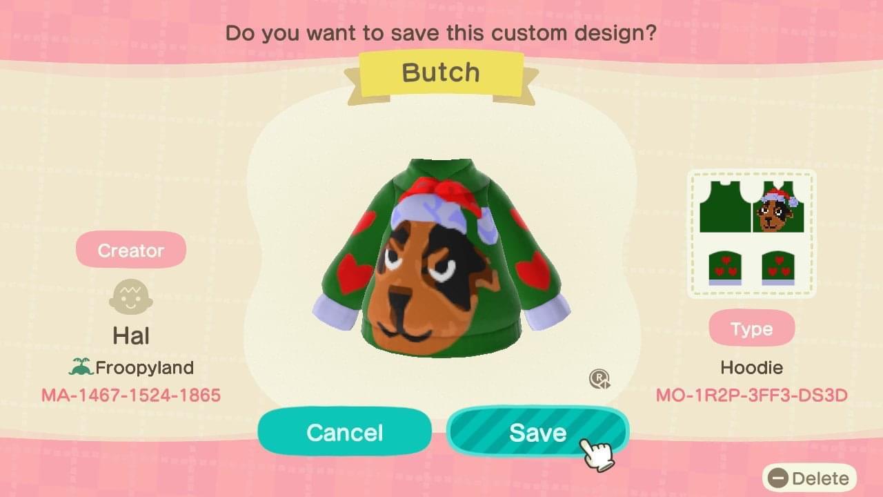 Animal Crossing Design Code: MO-1R2P-3FF3-DS3D Butch