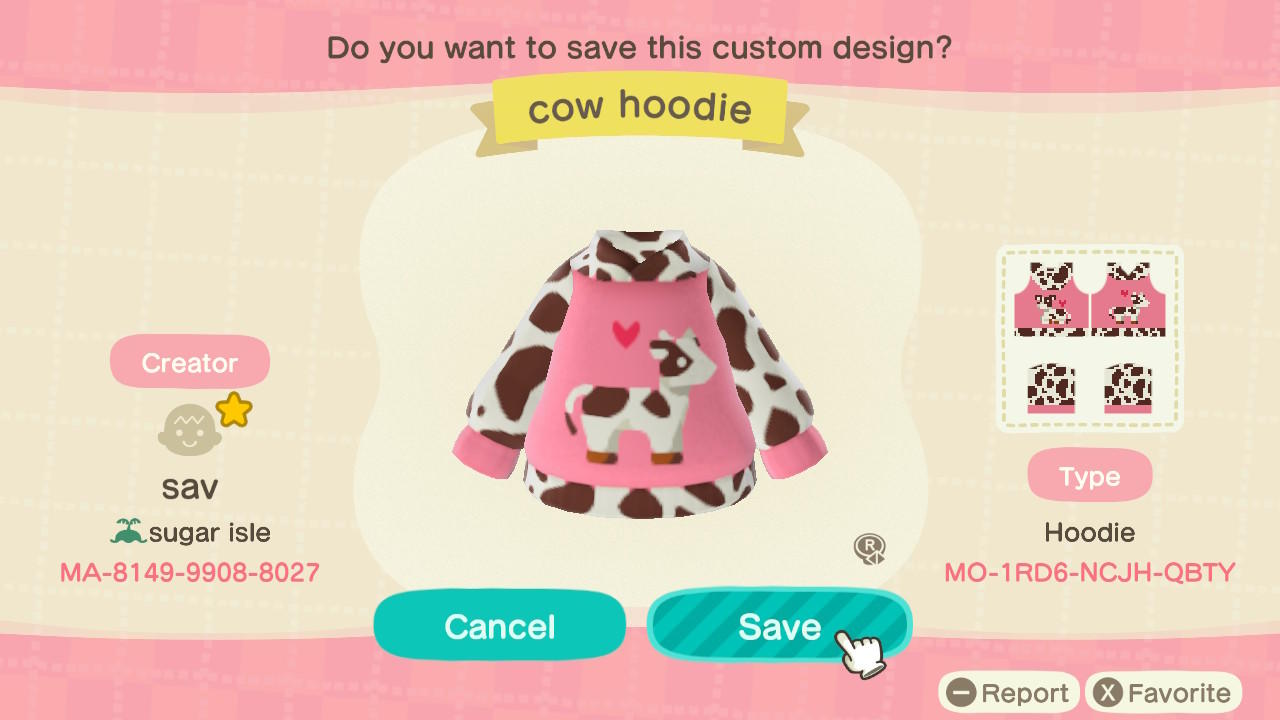 Animal Crossing Design Code: MO-1RD6-NCJH-QBTY Cow Hoodie
