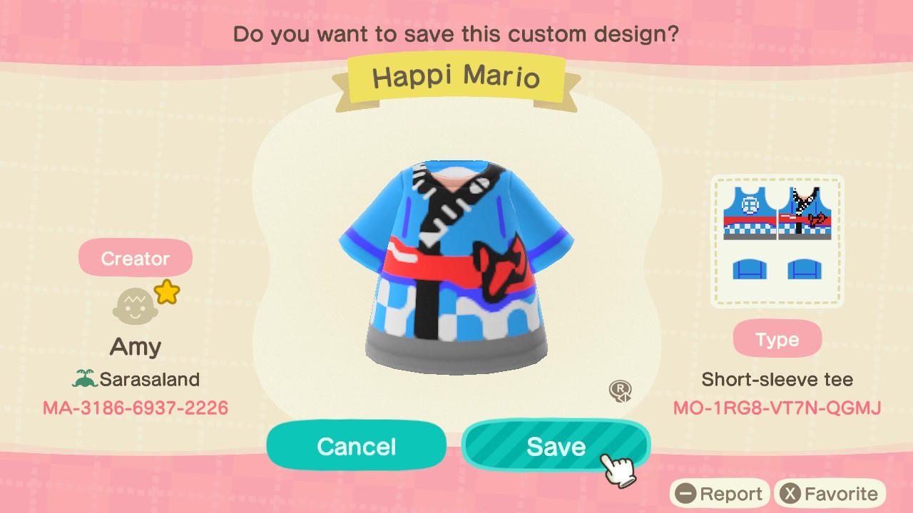 Animal Crossing Design Code: MO-1RG8-VT7N-QGMJ Happi Mario
