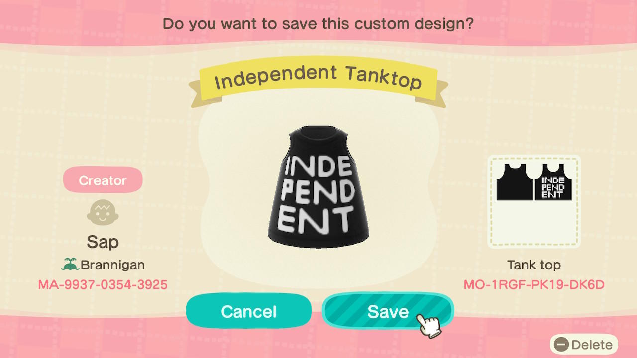 Animal Crossing Design Code: MO-1RGF-PK19-DK6D Independent Tank top