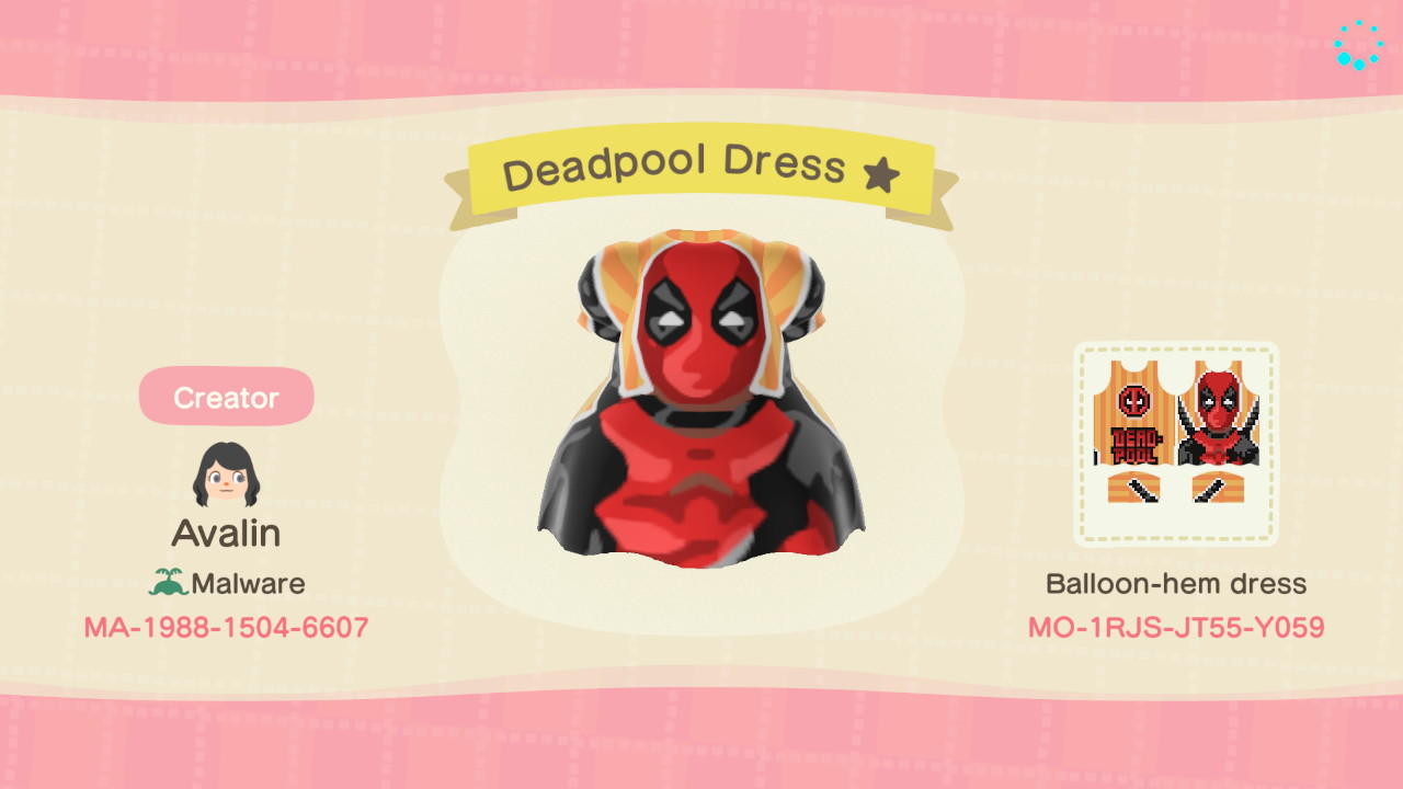 Animal Crossing Design Code: MO-1RJS-JT55-Y059 Deadpool Dress ★