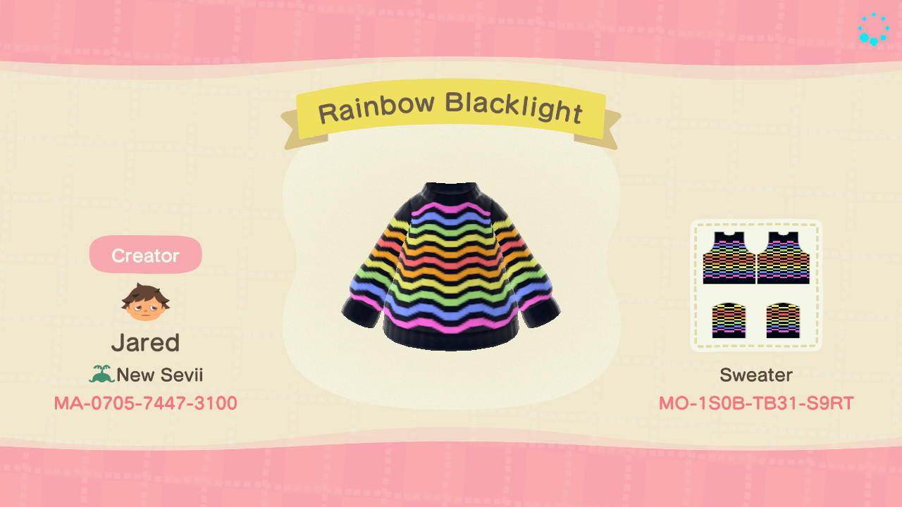 Animal Crossing Design Code: MO-1S0B-TB31-S9RT Rainbow Blacklight