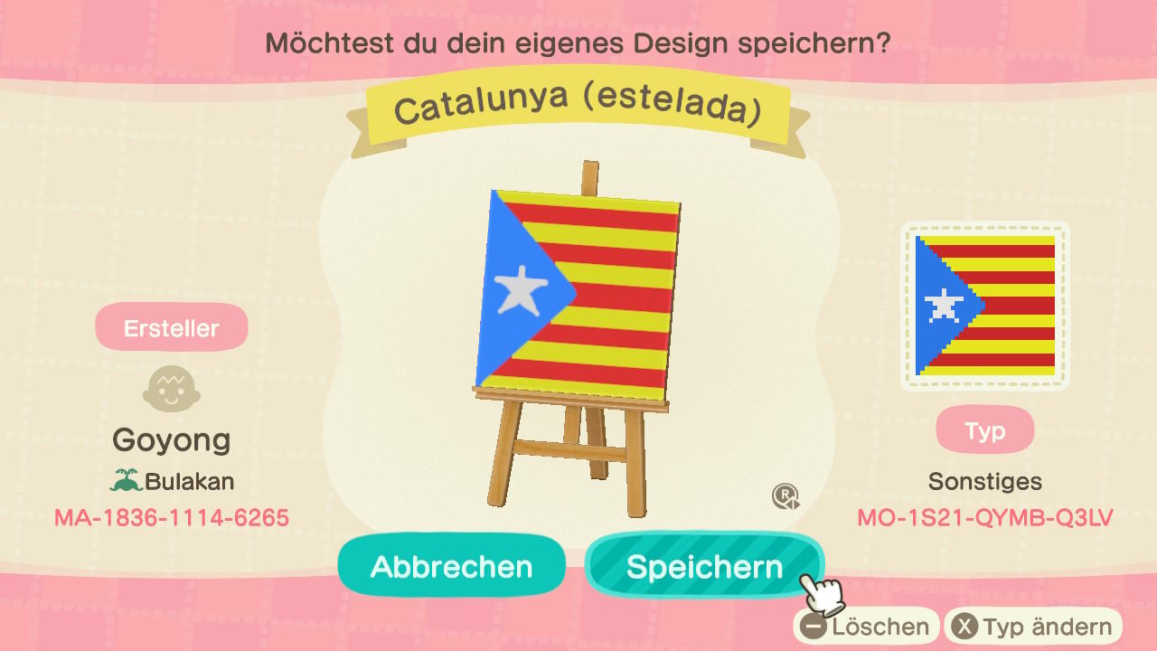 Animal Crossing Design Code: MO-1S21-QYMB-Q3LV Catalonia (estelada)