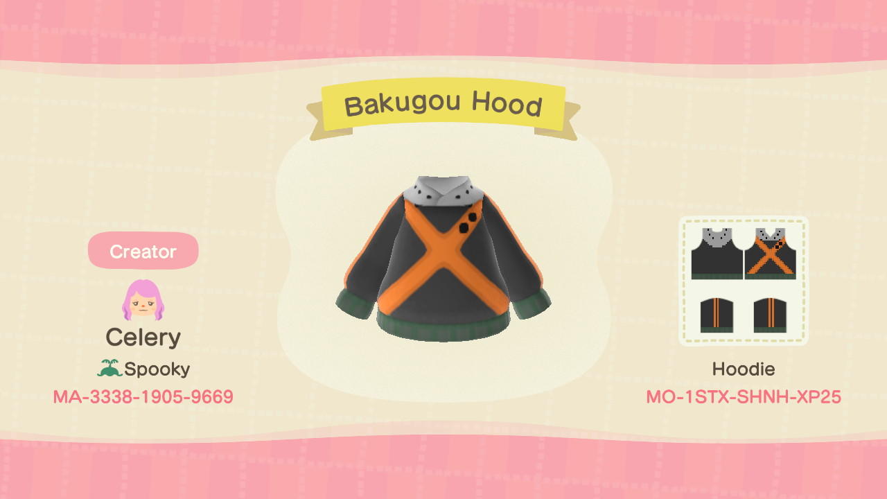 Animal Crossing Design Code: MO-1STX-SHNH-XP25 Bakugou Hood