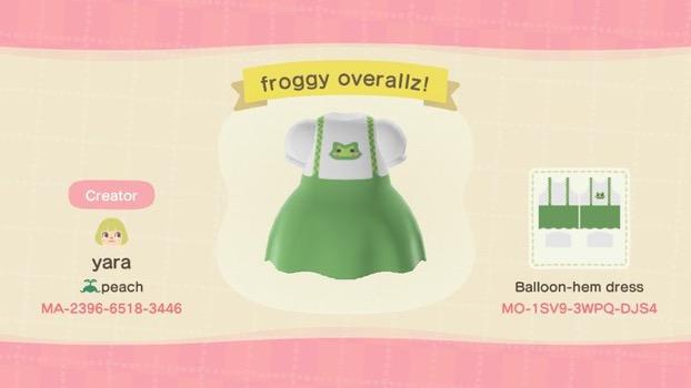 Animal Crossing Design Code: MO-1SV9-3WPQ-DJS4 frog overalls