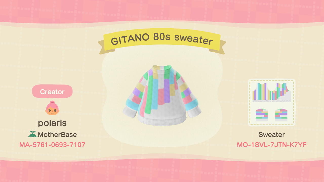 Animal Crossing Design Code: MO-1SVL-7JTN-K7YF GITANO 80s sweater