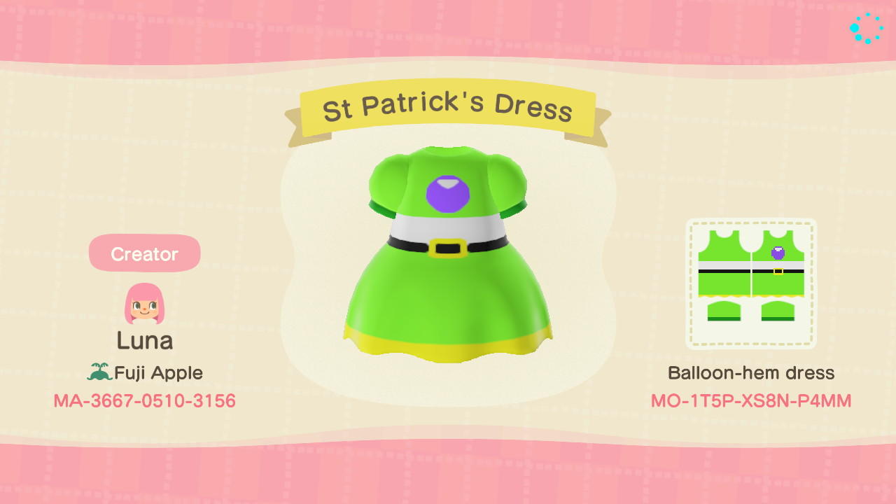 Animal Crossing Design Code: MO-1T5P-XS8N-P4MM St Patrick's Dress