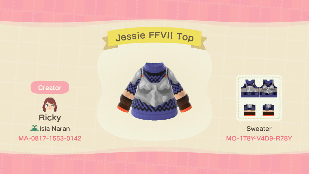 Animal Crossing Design Code: MO-1T8Y-V4D9-R78Y Jessie FFVII/FF7