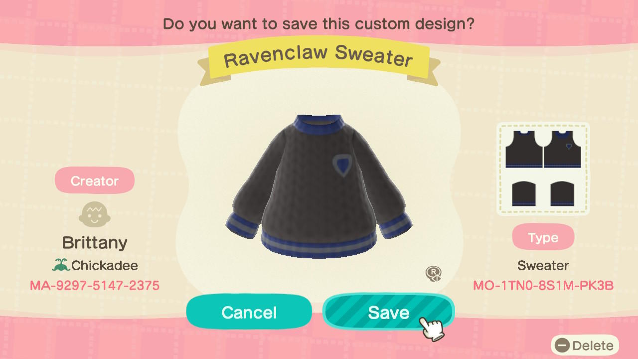 Animal Crossing Design Code: MO-1TN0-8S1M-PK3B Ravenclaw Sweater