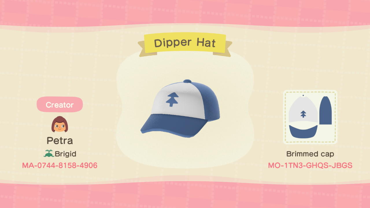 Animal Crossing Design Code: MO-1TN3-GHQS-JBGS Dipper Hat