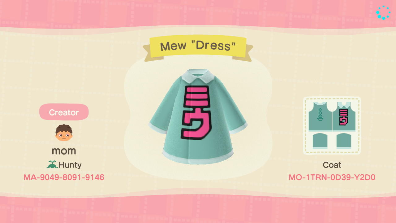 Animal Crossing Design Code: MO-1TRN-0D39-Y2D0 Mew Dress (JSR)