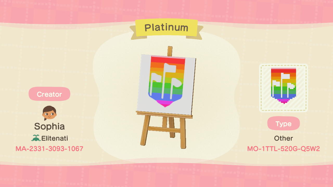 Animal Crossing Design Code: MO-1TTL-520G-Q5W2 Platinum