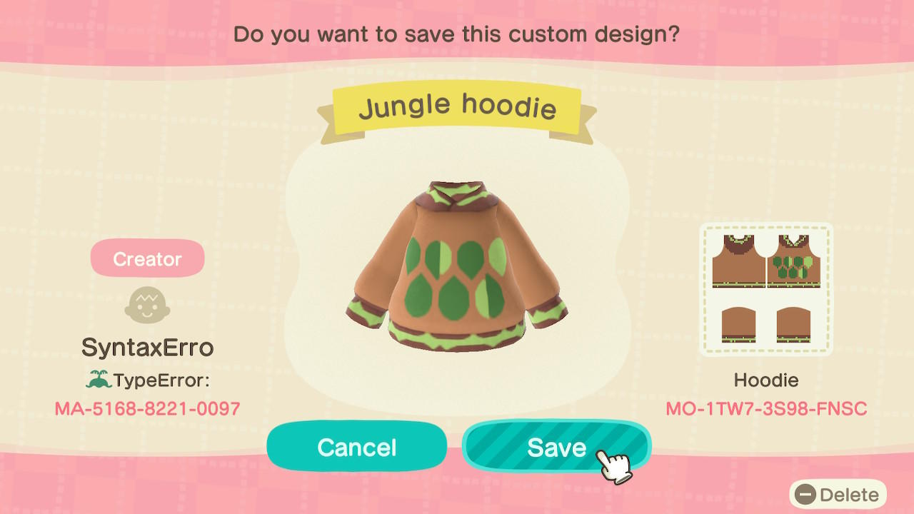 Animal Crossing Design Code: MO-1TW7-3S98-FNSC Jungle Hoodie