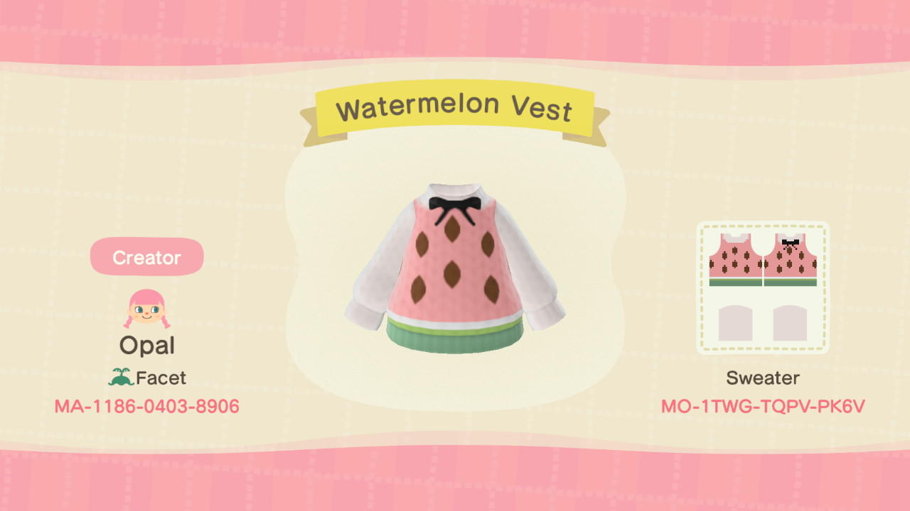 Animal Crossing Design Code: MO-1TWG-TQPV-PK6V Watermelon Vest