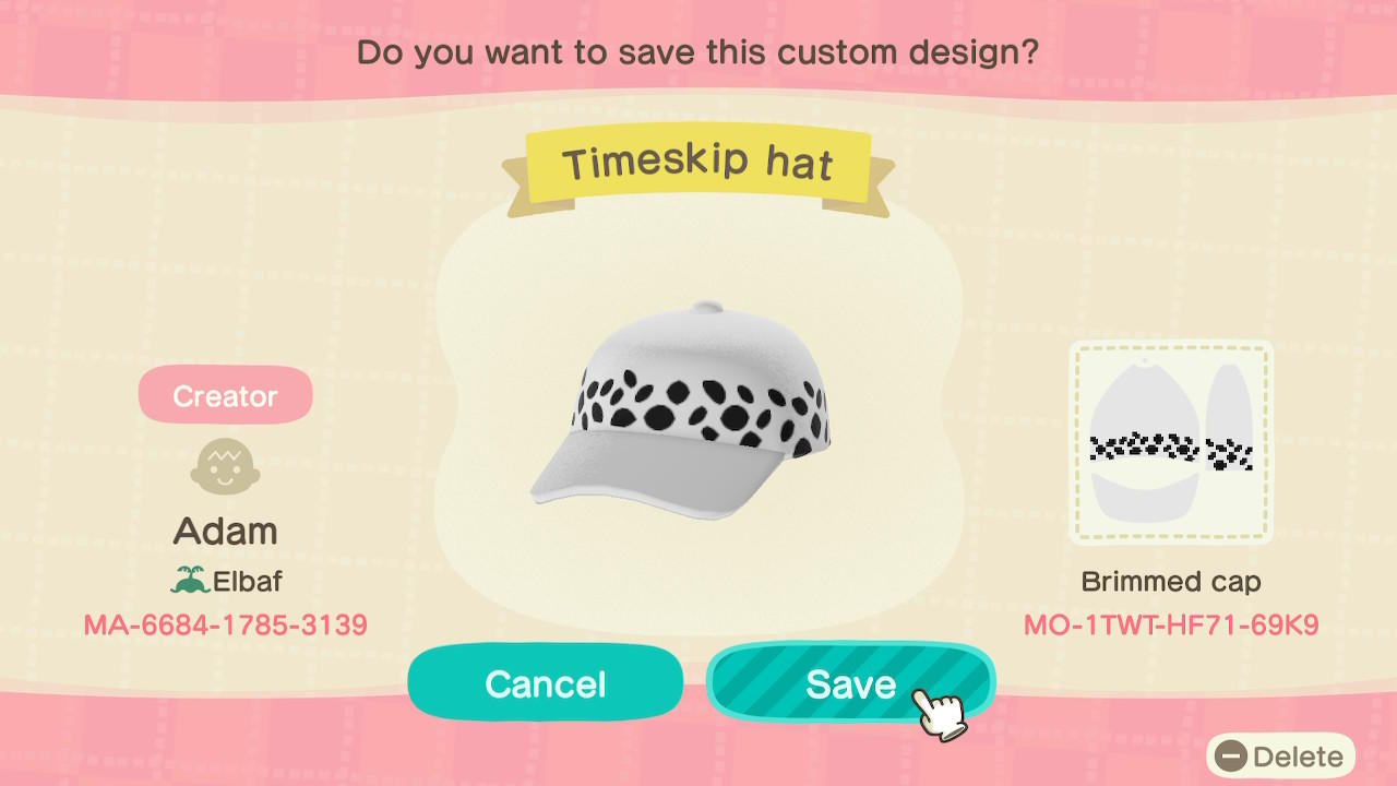Animal Crossing Design Code: MO-1TWT-HF71-69K9 Law Timeskip Hat