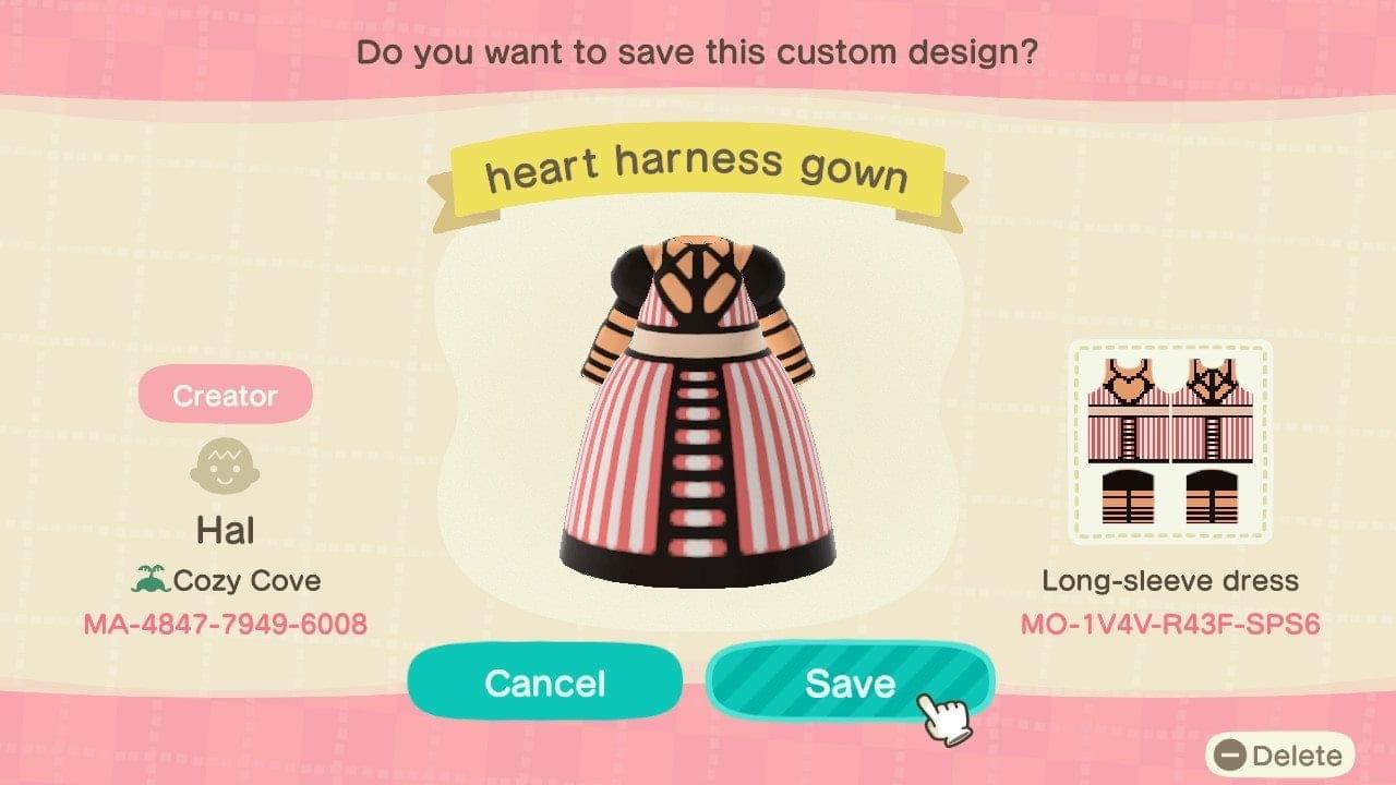 Animal Crossing Design Code: MO-1V4V-R43F-SPS6 heart harness gown