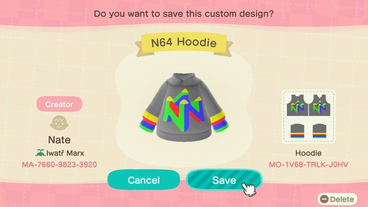 Animal Crossing Design Code: MO-1V68-TRLK-J0HV N64 Hoodie