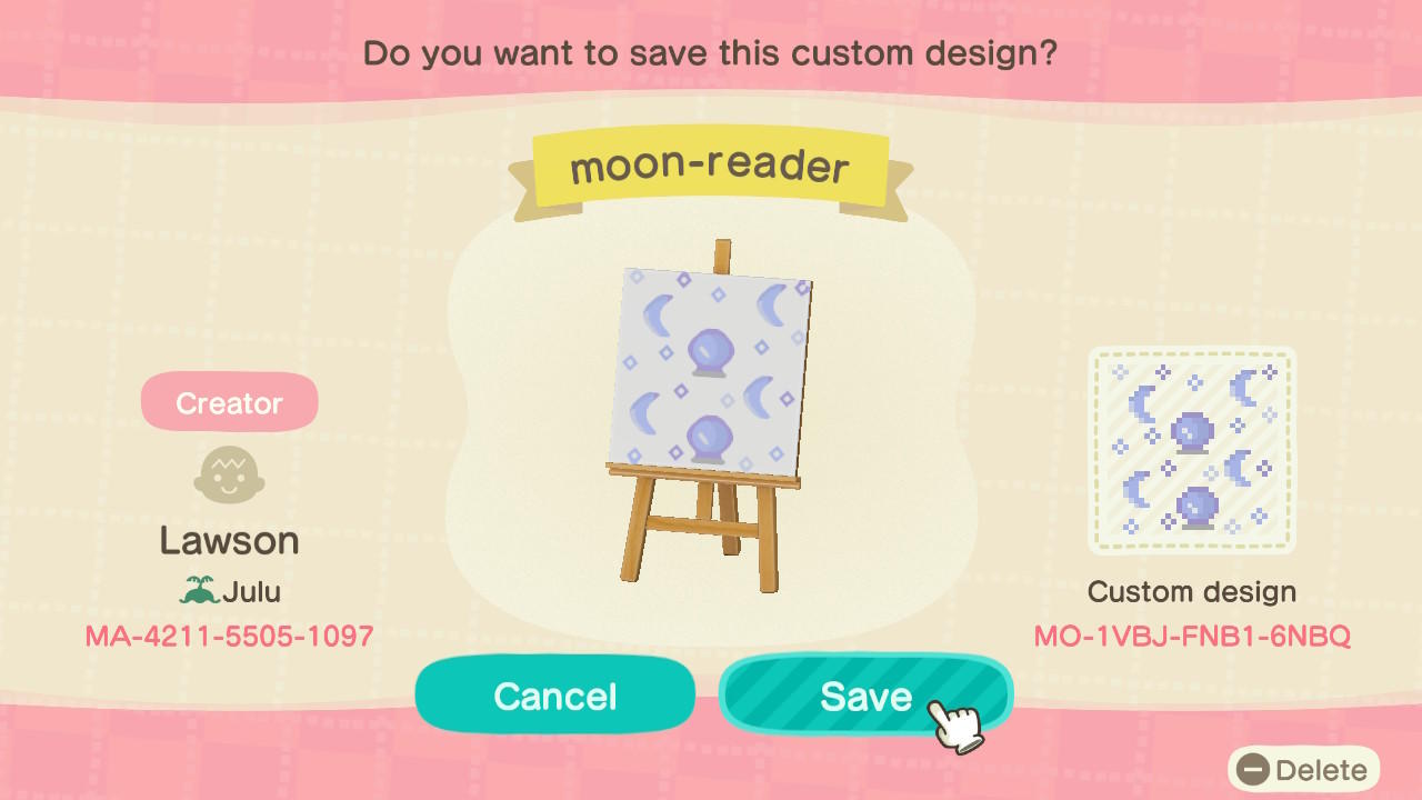 Animal Crossing Design Code: MO-1VBJ-FNB1-6NBQ moon-reader