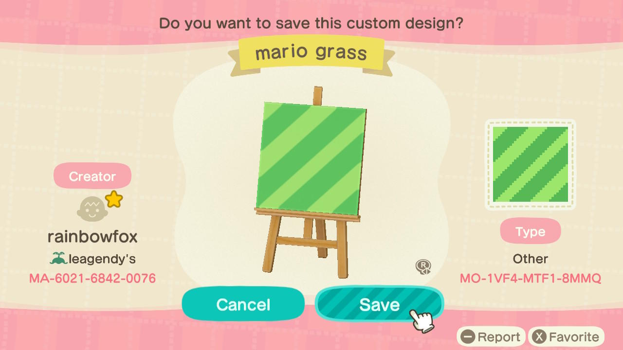 Animal Crossing Design Code: MO-1VF4-MTF1-8MMQ Mario Grass