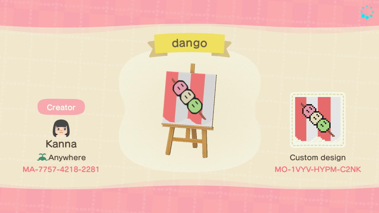 Animal Crossing Design Code: MO-1VYV-HYPM-C2NK Dango