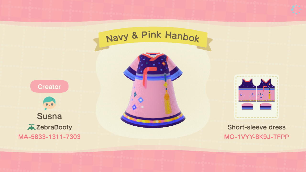 Animal Crossing Design Code: MO-1VYY-8K9J-TFPP Navy & Pink Hanbok